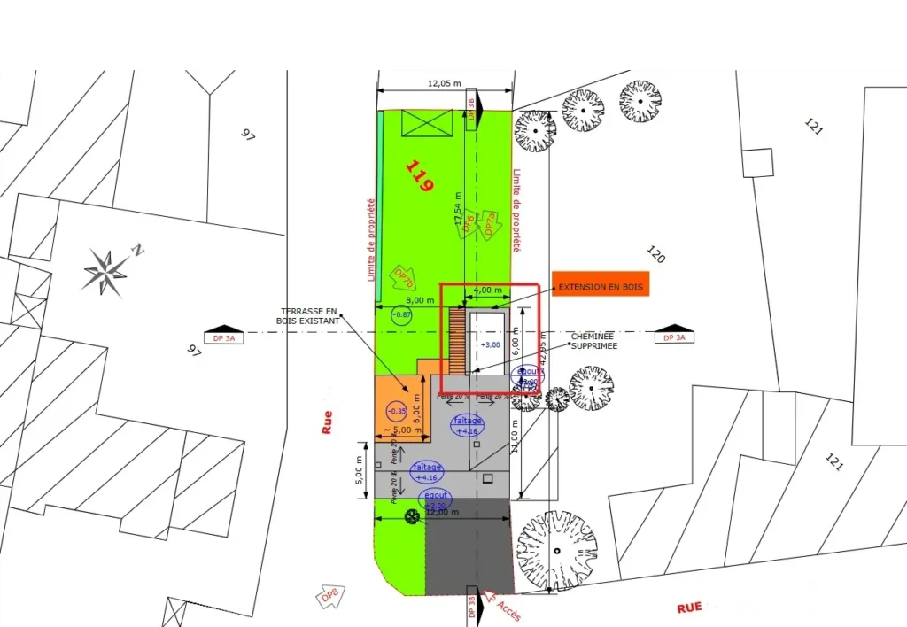 Plan de masse coté en 3 dimensions de la déclaration de travaux pour l'extension.