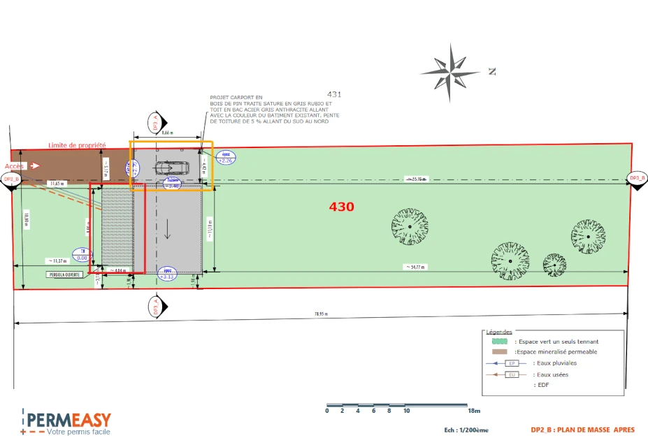 Plan de masse coté en 3 dimensions de la pergola et du carport 