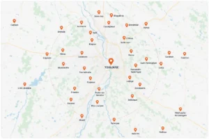 Carte de notre zone d'intervention à Toulouse et sa région